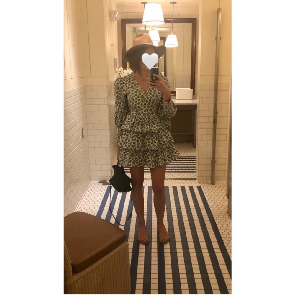 LoveShackFancy Paris Grey Floral Ruffle Tiered Long Puff Sleeve Mini Dress Sz 6 - Picture 6 of 15
